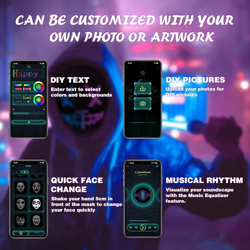 Led Mask with Gesture Sensing,Bluetooth APP Control Programmable Smart Display Face Transforming Light Up Halloween Mask
