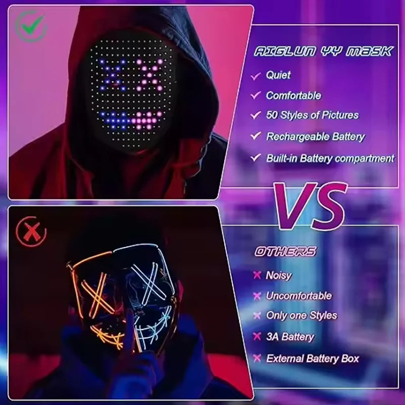 LED Mask with Gesture Sensing Light up Face Transforming Led Halloween Mask for Kids Men Women Costume Cosplay Party