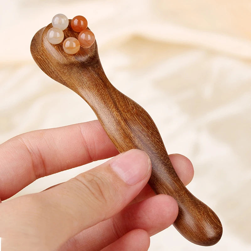 Gua Sha Facial Massage Tool Sandalwood Eye and Face Massager with Five-Bead Lotus Design for Skin Care and Puffiness Reduction
