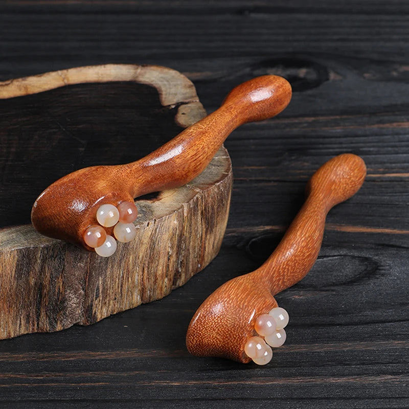 Gua Sha Facial Massage Tool Sandalwood Eye and Face Massager with Five-Bead Lotus Design for Skin Care and Puffiness Reduction