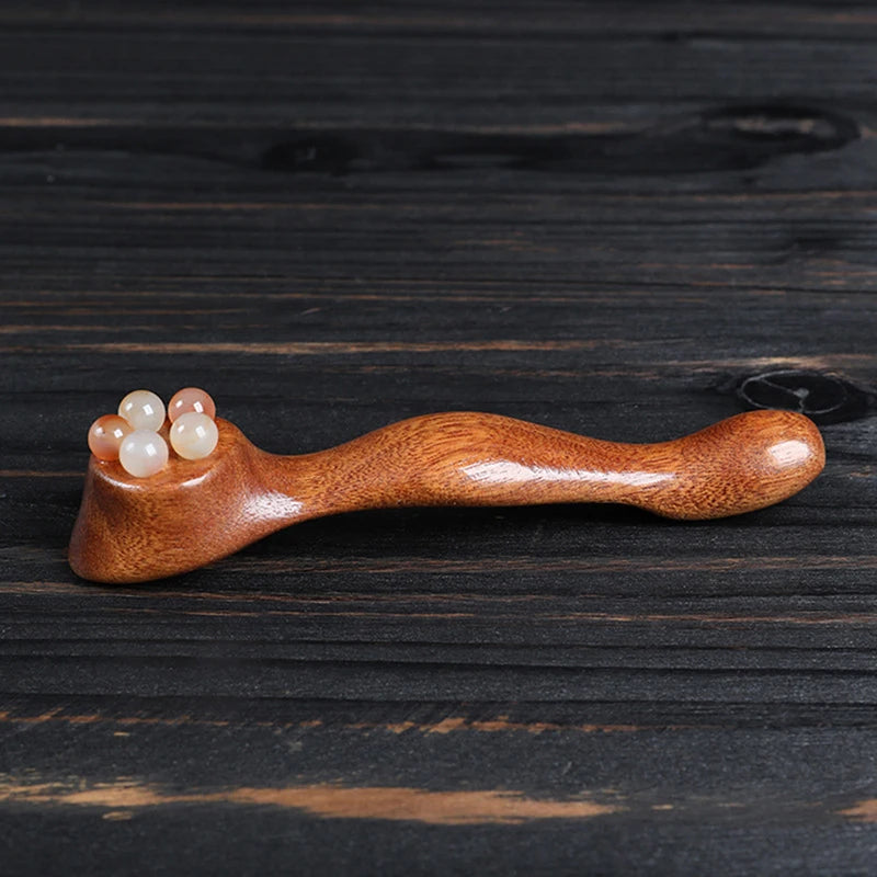 Gua Sha Facial Massage Tool Sandalwood Eye and Face Massager with Five-Bead Lotus Design for Skin Care and Puffiness Reduction